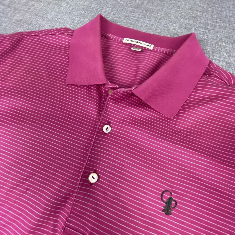 Peter Millar Calusa Pines Polo Shirt Mens XL Pink Striped Golf Short Sleeve